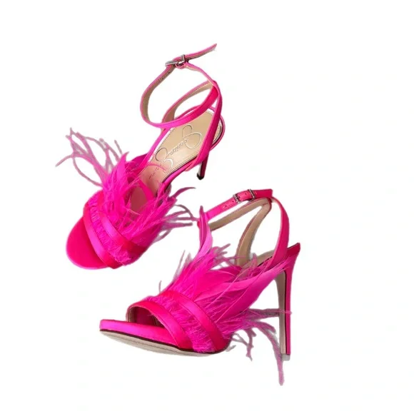 Jessica Simpson Raelin Neon Pink Feathered Strappy High Heels - Picture 2 of 8